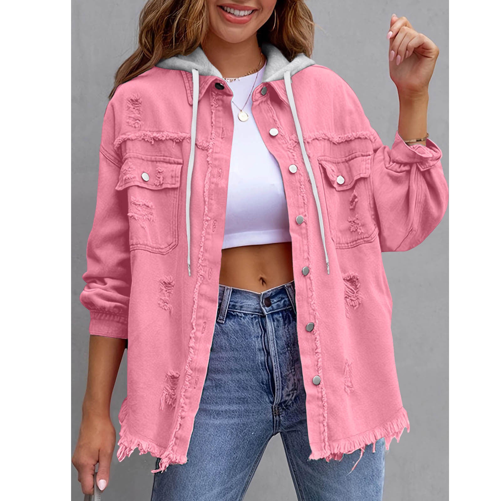 Women's Solid-Color Hooded Denim Jacket - 16 Colors Loose Fit