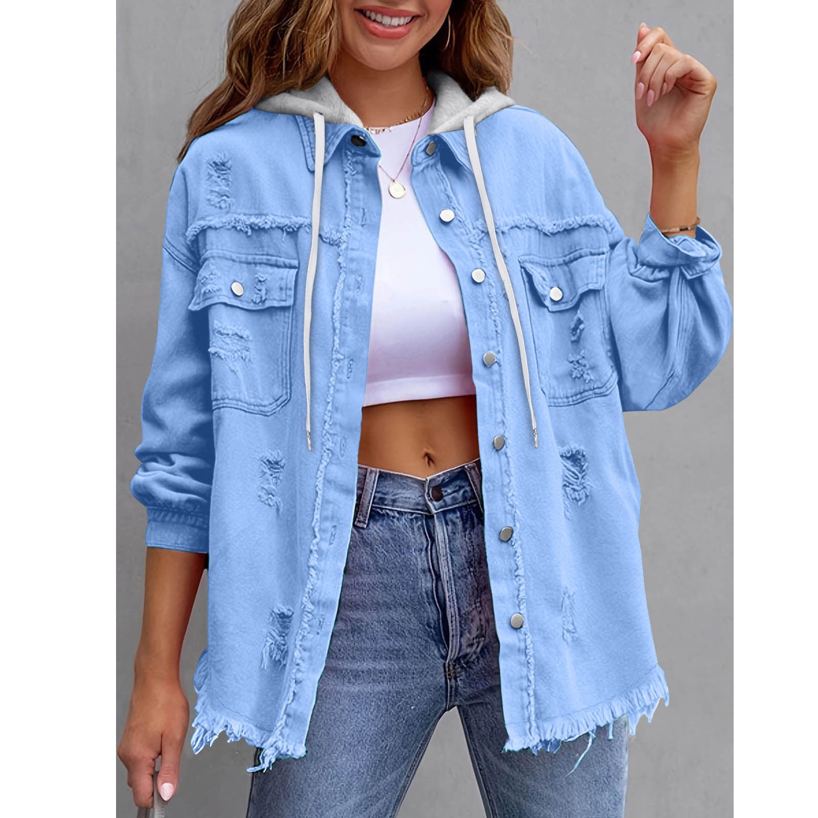 Women's Solid-Color Hooded Denim Jacket - 16 Colors Loose Fit