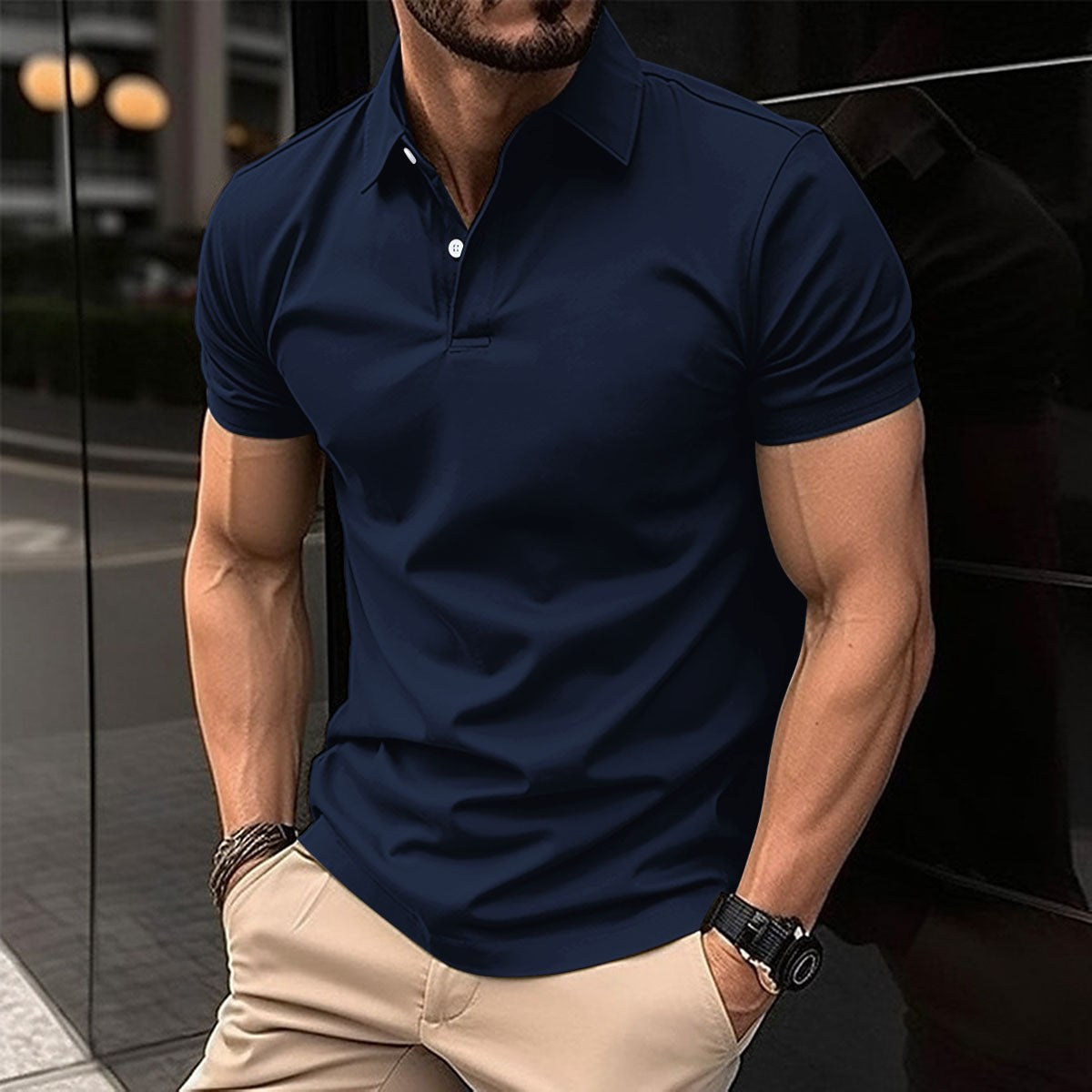 Men's Solid Polo Shirt - Short Sleeve Button Lapel Top
