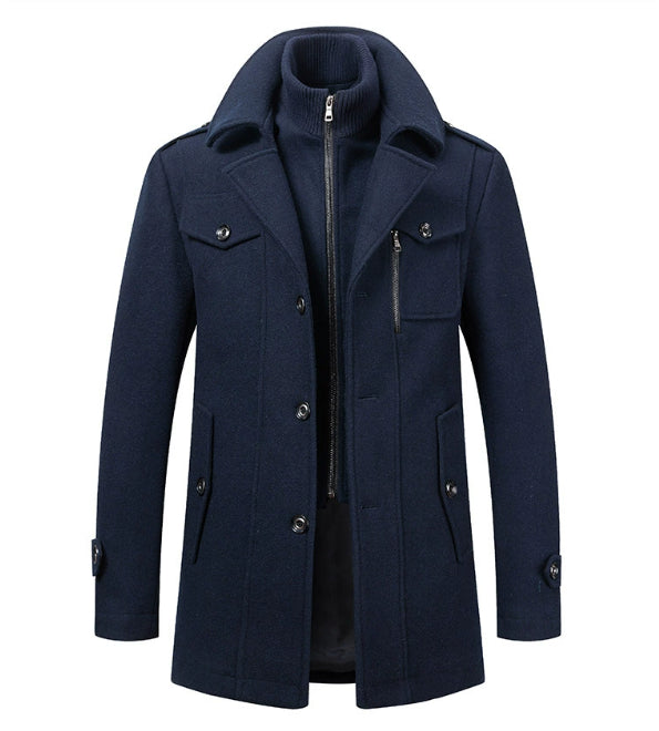Men's Double Collar Woolen Coat - Vertical Zipper Business Jacket