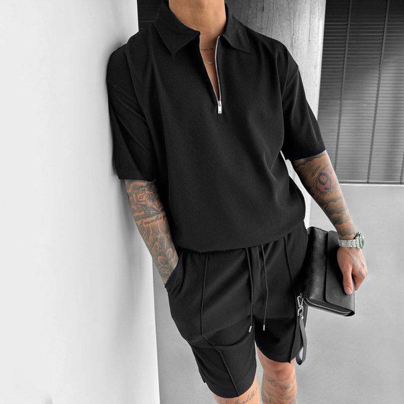 Men's 2-Piece Polo Set - Zipper Shirt & Drawstring Shorts Summer Outfit