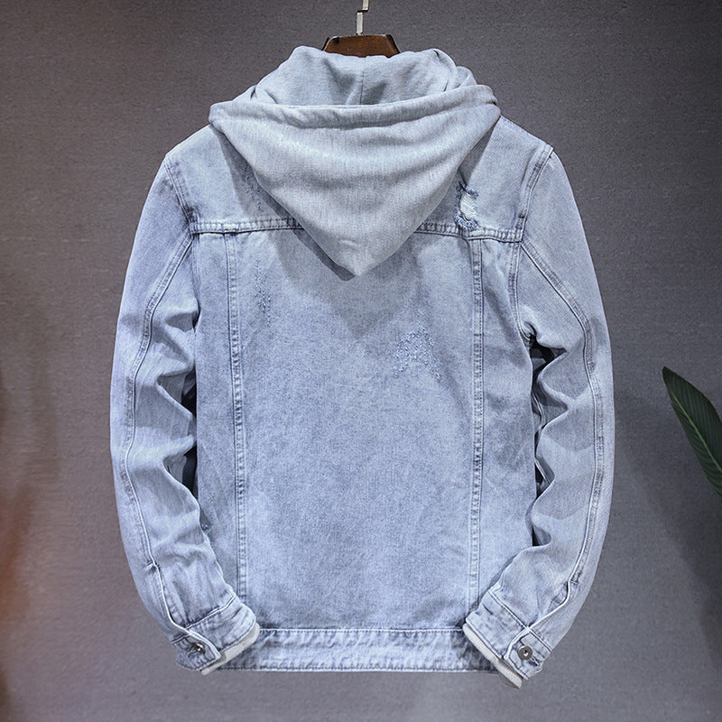 Men's Detachable Hooded Denim Jacket - Light Blue Cotton Jacket