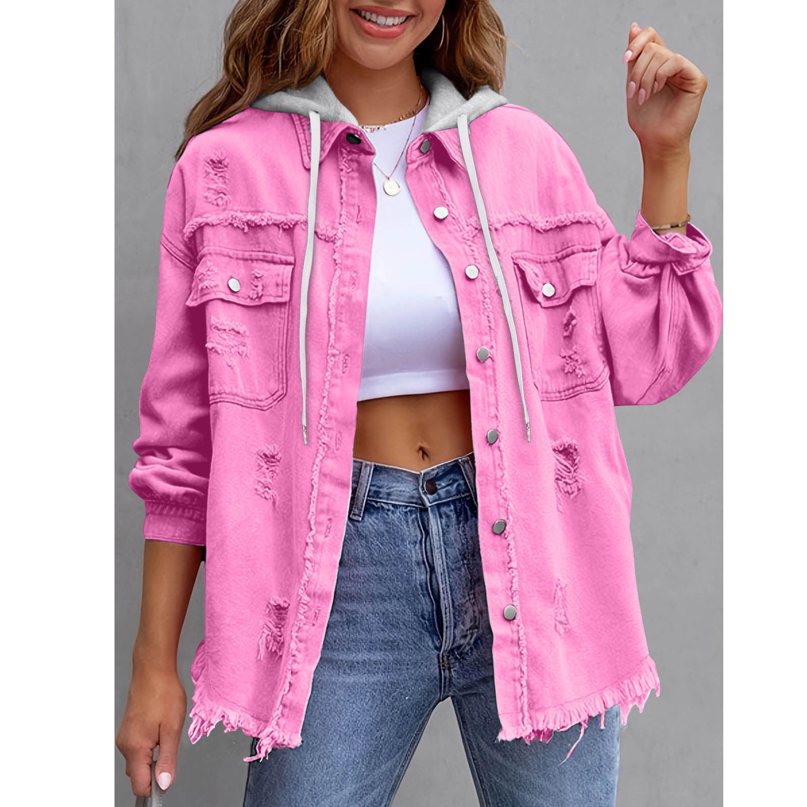 Women's Solid-Color Hooded Denim Jacket - 16 Colors Loose Fit