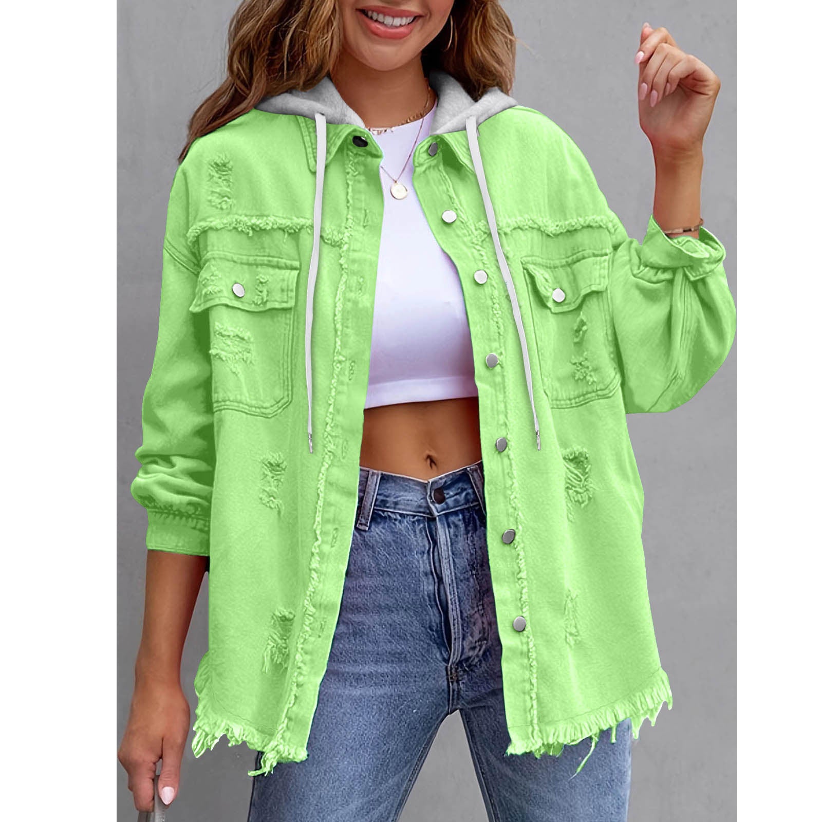 Women's Solid-Color Hooded Denim Jacket - 16 Colors Loose Fit