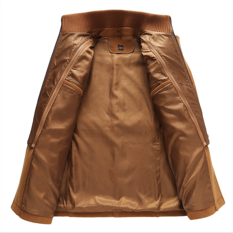 Men's Double Collar Woolen Coat - Vertical Zipper Business Jacket