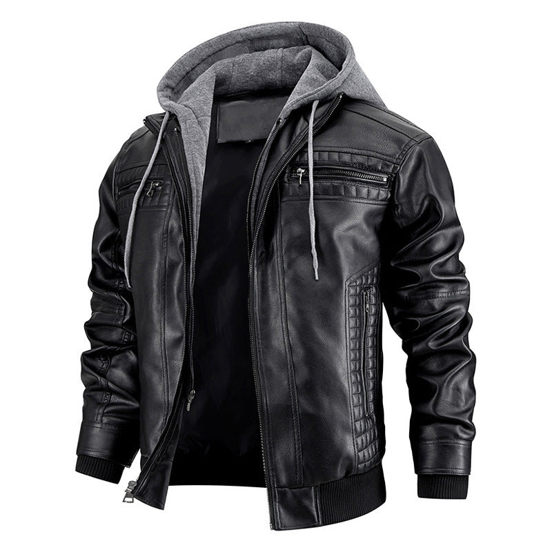 Men's Hooded PU Leather Jacket - Warm Zipper Pockets Fashion Coat