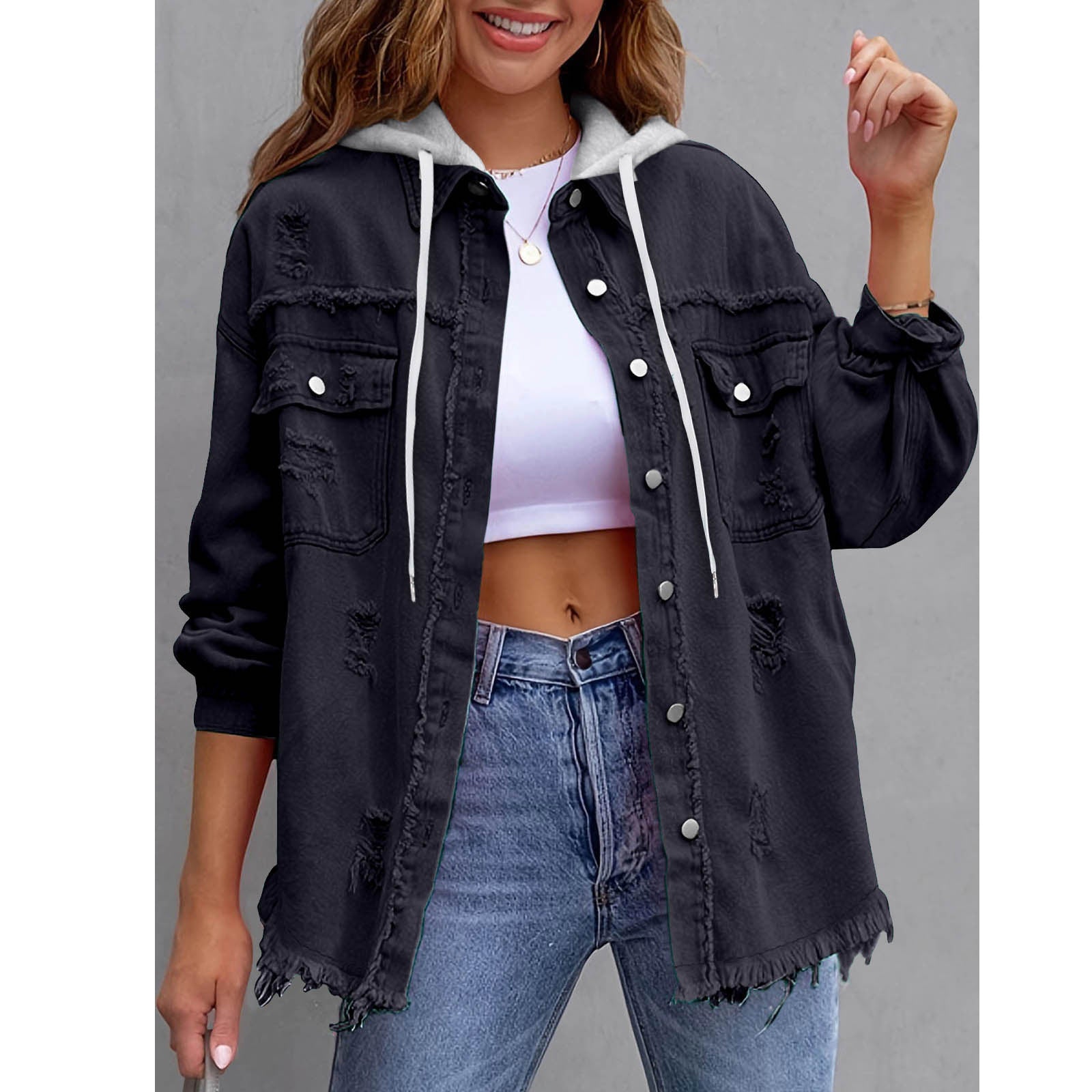 Women's Solid-Color Hooded Denim Jacket - 16 Colors Loose Fit