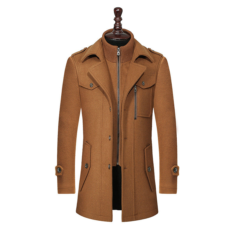 Men's Double Collar Woolen Coat - Vertical Zipper Business Jacket