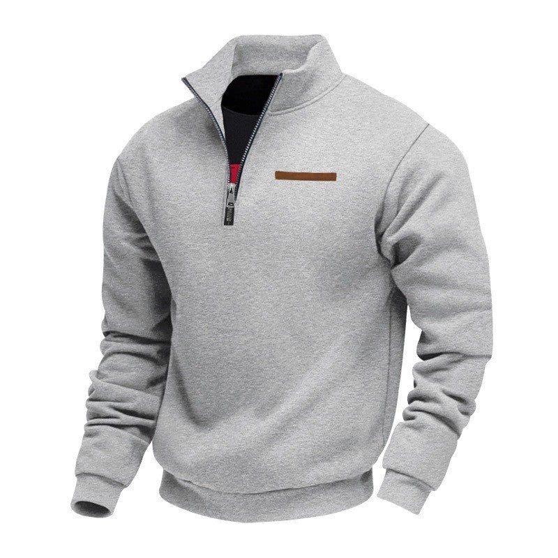 Men's Fleece-Lined Zip-Up Hoodie - Loose Fit Stand Collar