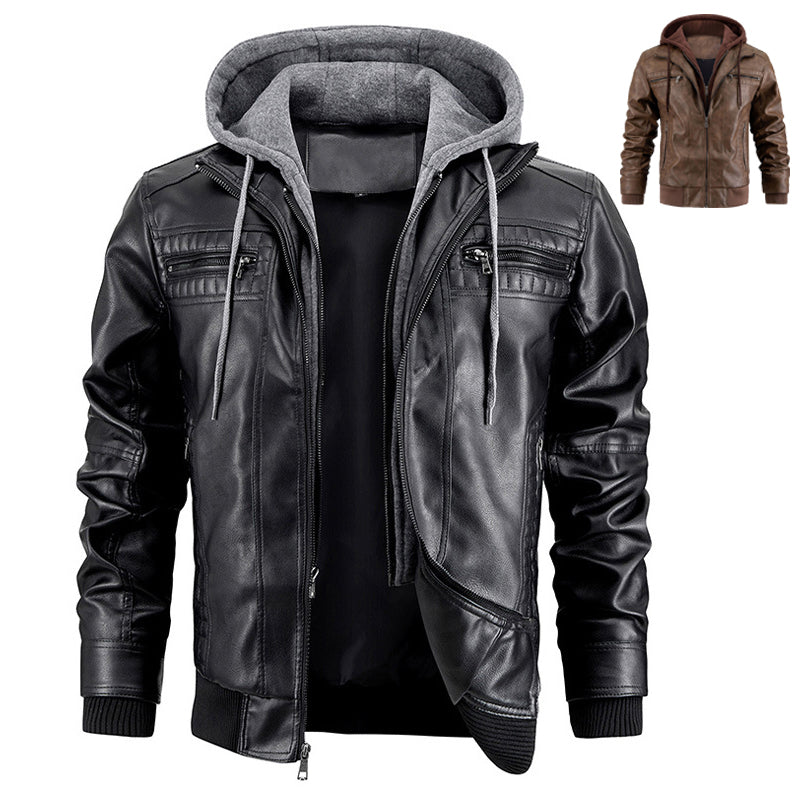 Men's Hooded PU Leather Jacket - Warm Zipper Pockets Fashion Coat