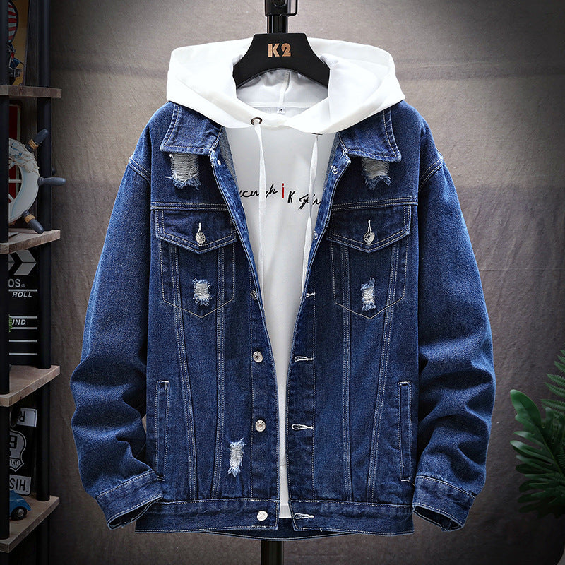 Men's Loose Gradient Denim Jacket - Thick Cotton Stand Collar