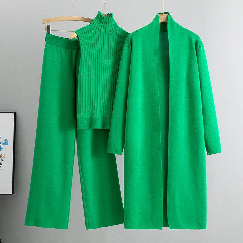 Women's 3-Piece Knit Set - Sleeveless Vest, Long Cardigan & Wide-Leg Pants