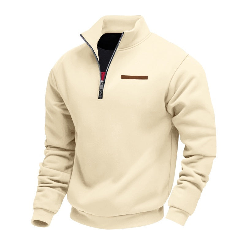 Men's Fleece-Lined Zip-Up Hoodie - Loose Fit Stand Collar