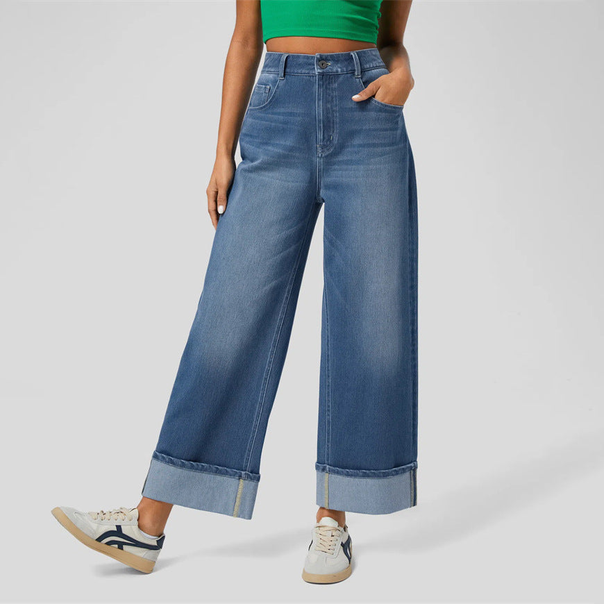 Women's Straight Jeans - High Waisted Denim Pants