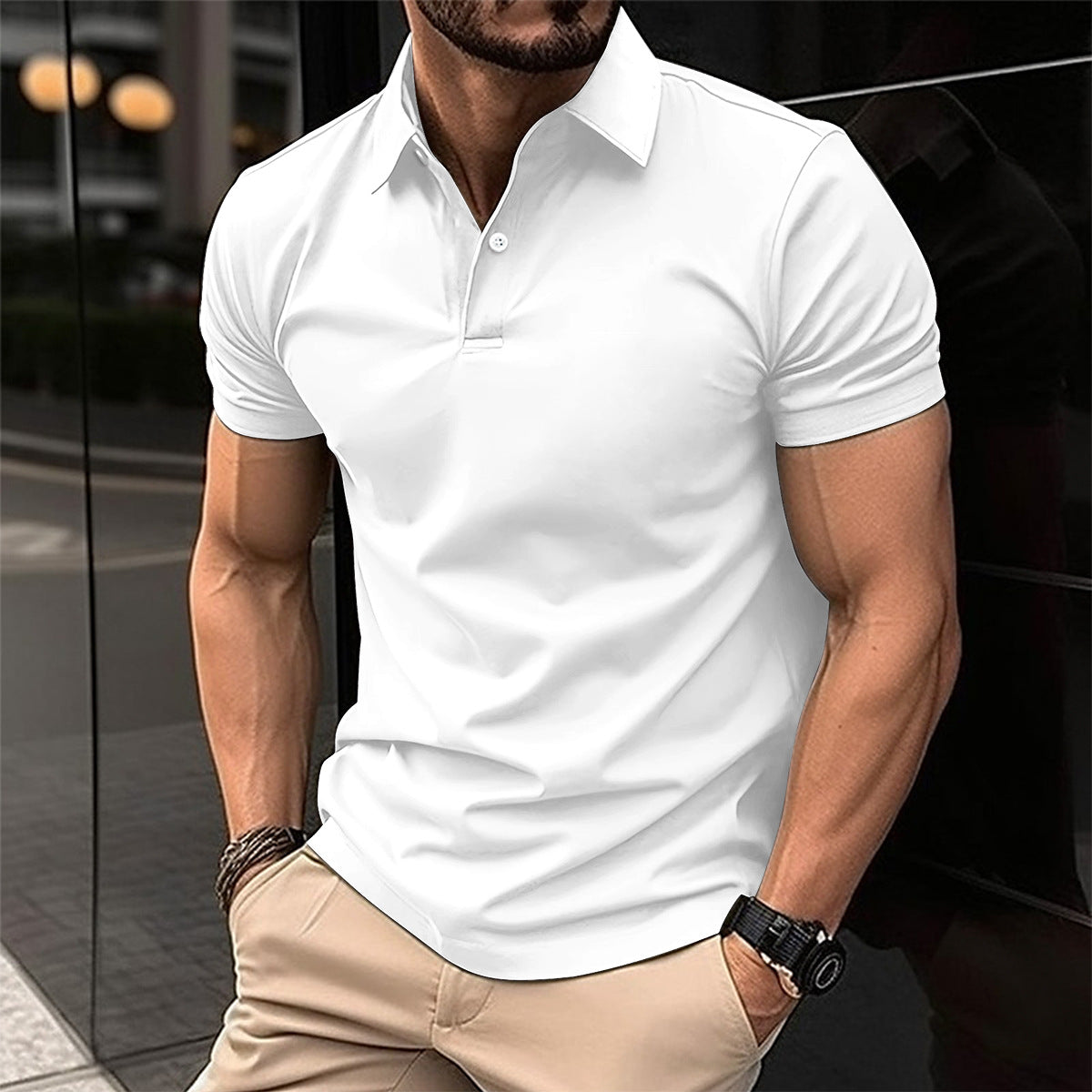 Men's Solid Polo Shirt - Short Sleeve Button Lapel Top