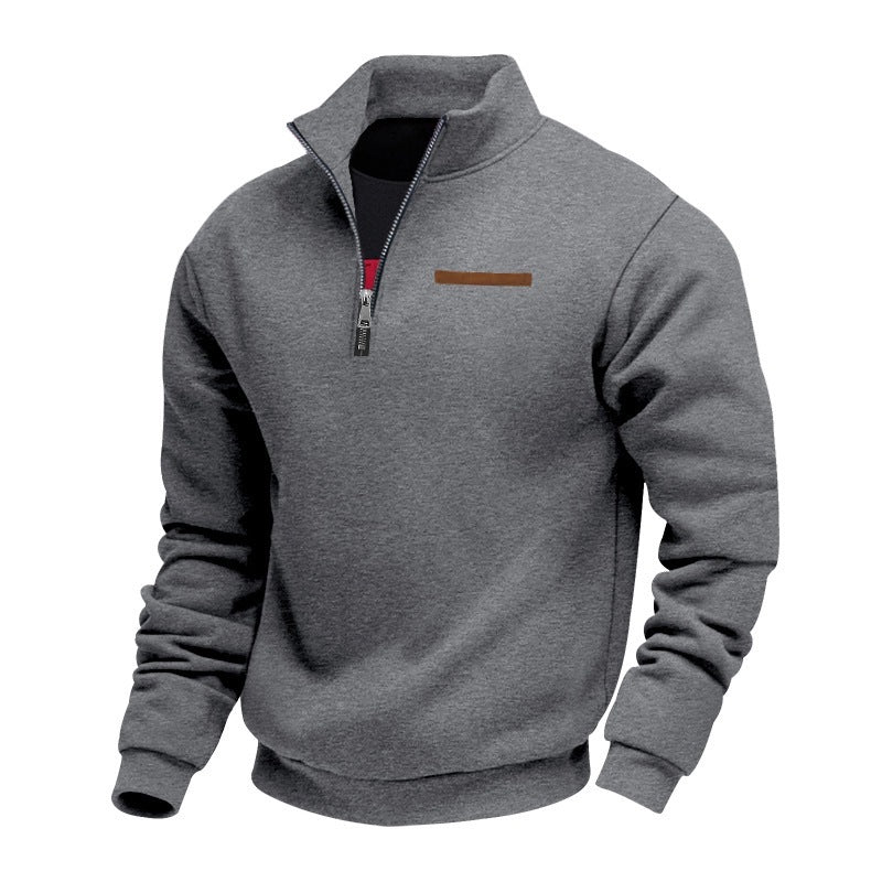 Men's Fleece-Lined Zip-Up Hoodie - Loose Fit Stand Collar