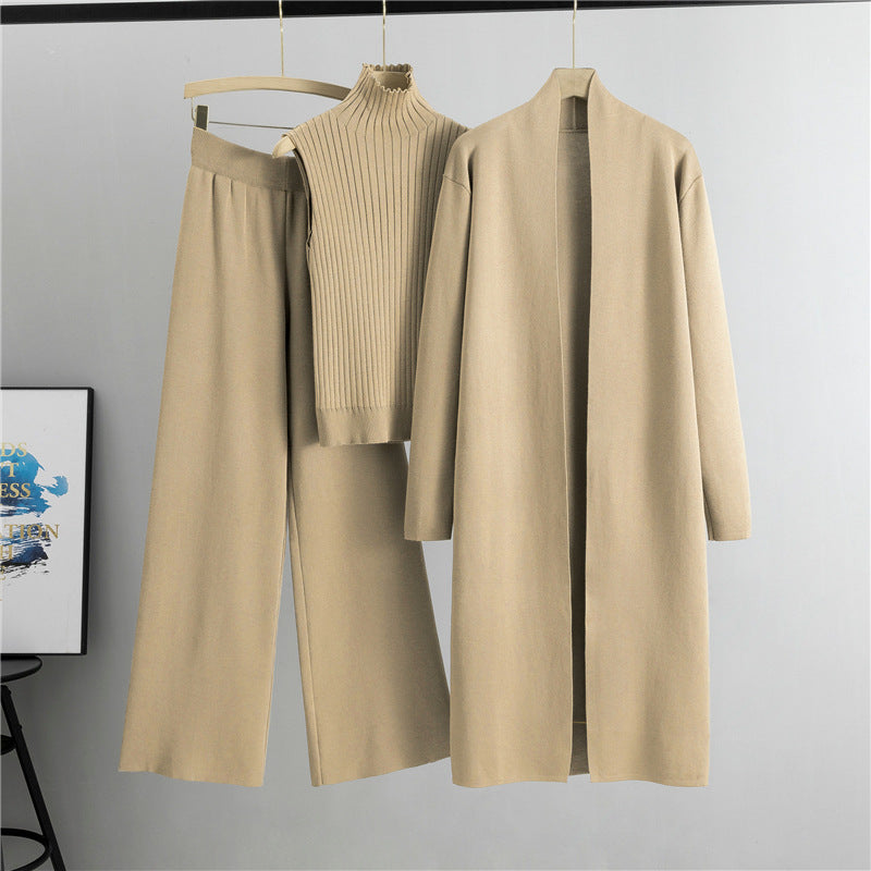 Women's 3-Piece Knit Set - Sleeveless Vest, Long Cardigan & Wide-Leg Pants