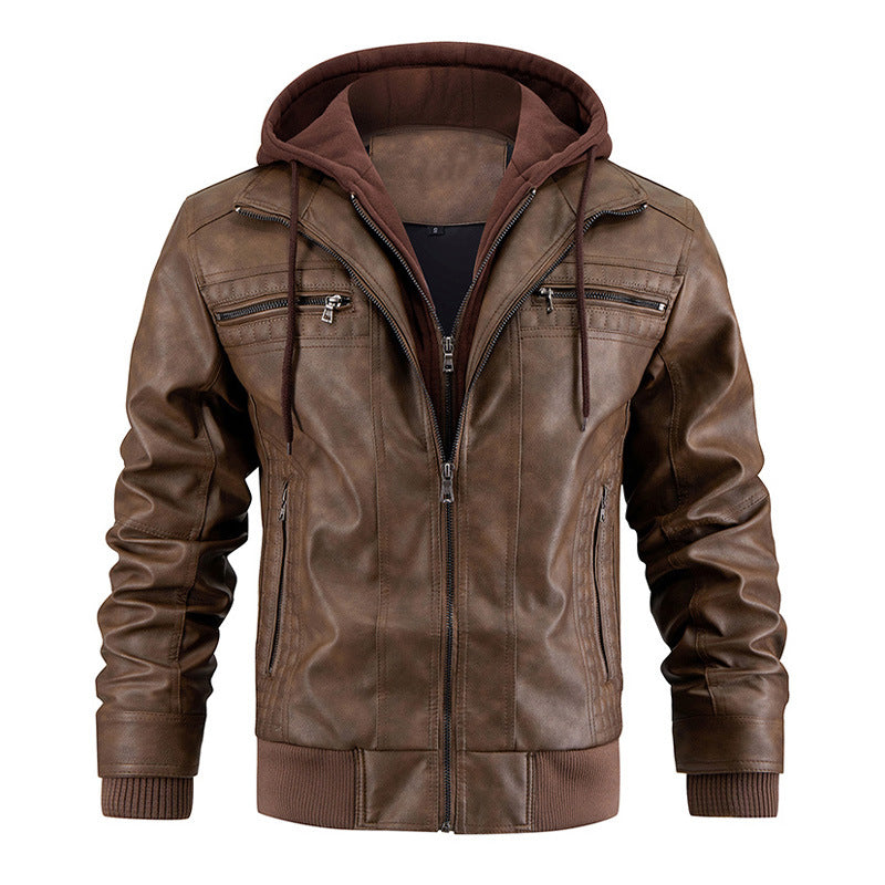 Men's Hooded PU Leather Jacket - Warm Zipper Pockets Fashion Coat