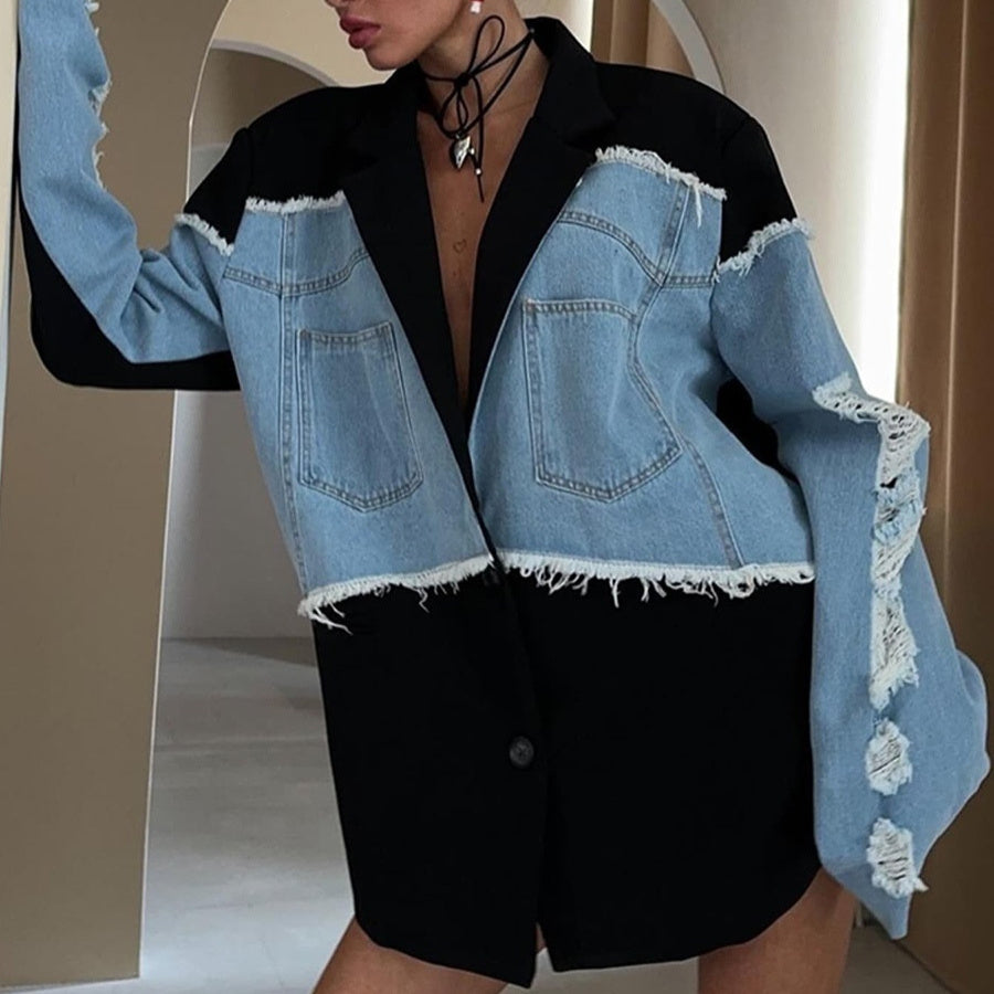 Retro Trendy Denim Patchwork Jacket — Contrast Colour Streetwear